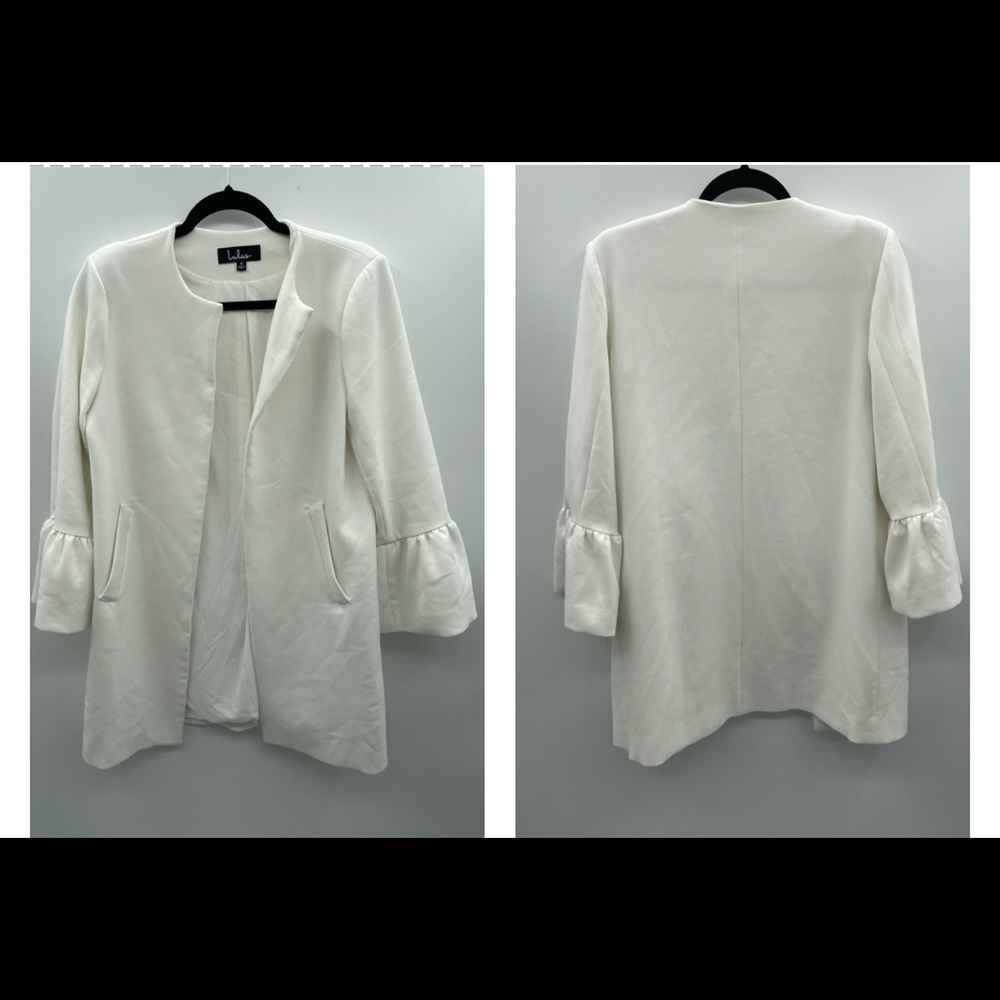 Lulus white open front mid length jacket with 3/4 ruffle sleeves